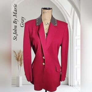 St. John Vintage Leather Trim Studded Sweater Blazer. Size 10